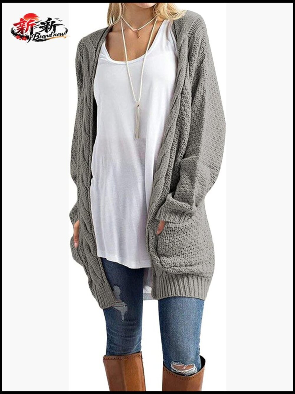 Women's Open Front Long Sleeve Chunky Cable Knit Cardigan with Pockets